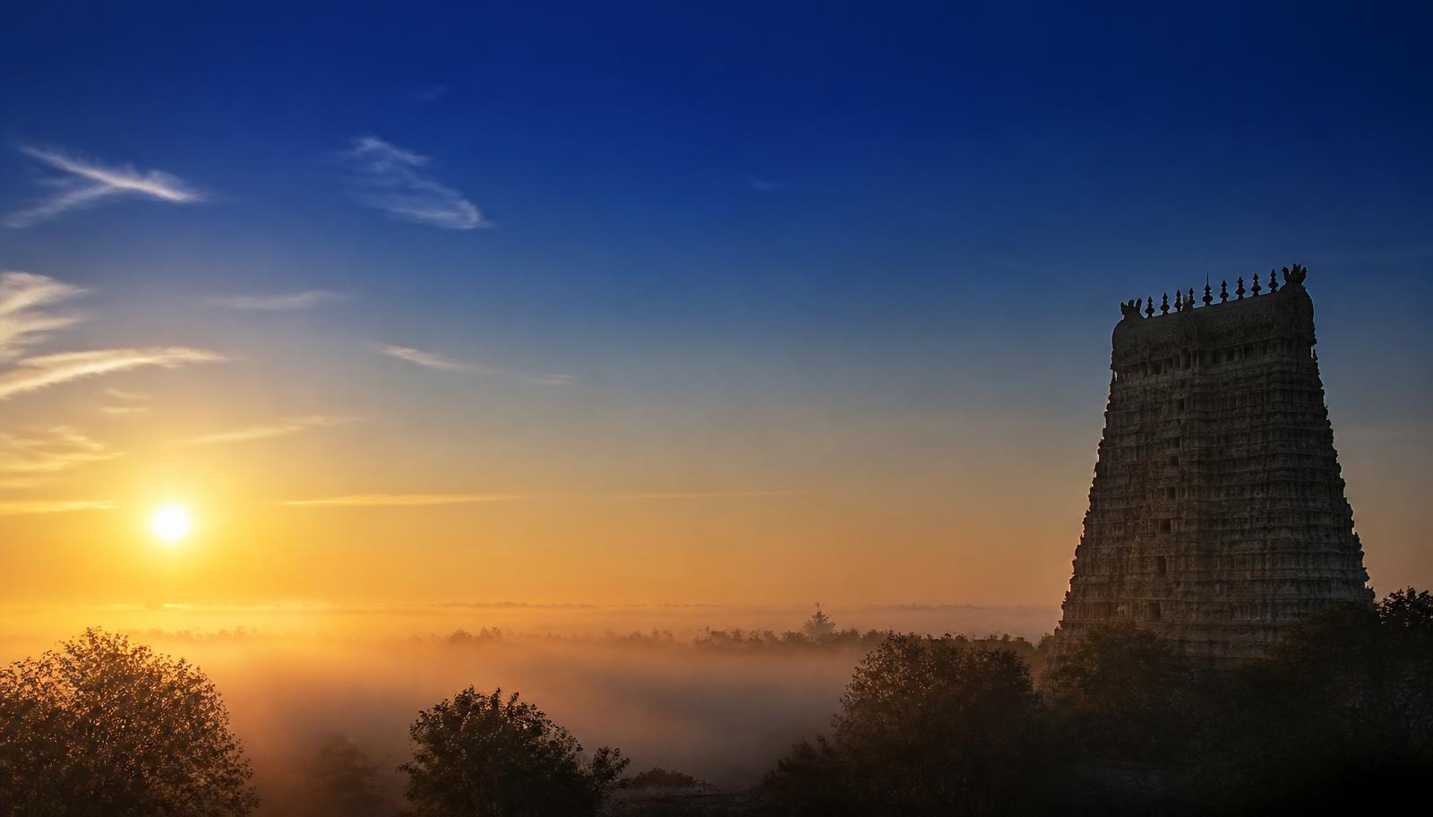 South Indian temple gopuram at sunrise