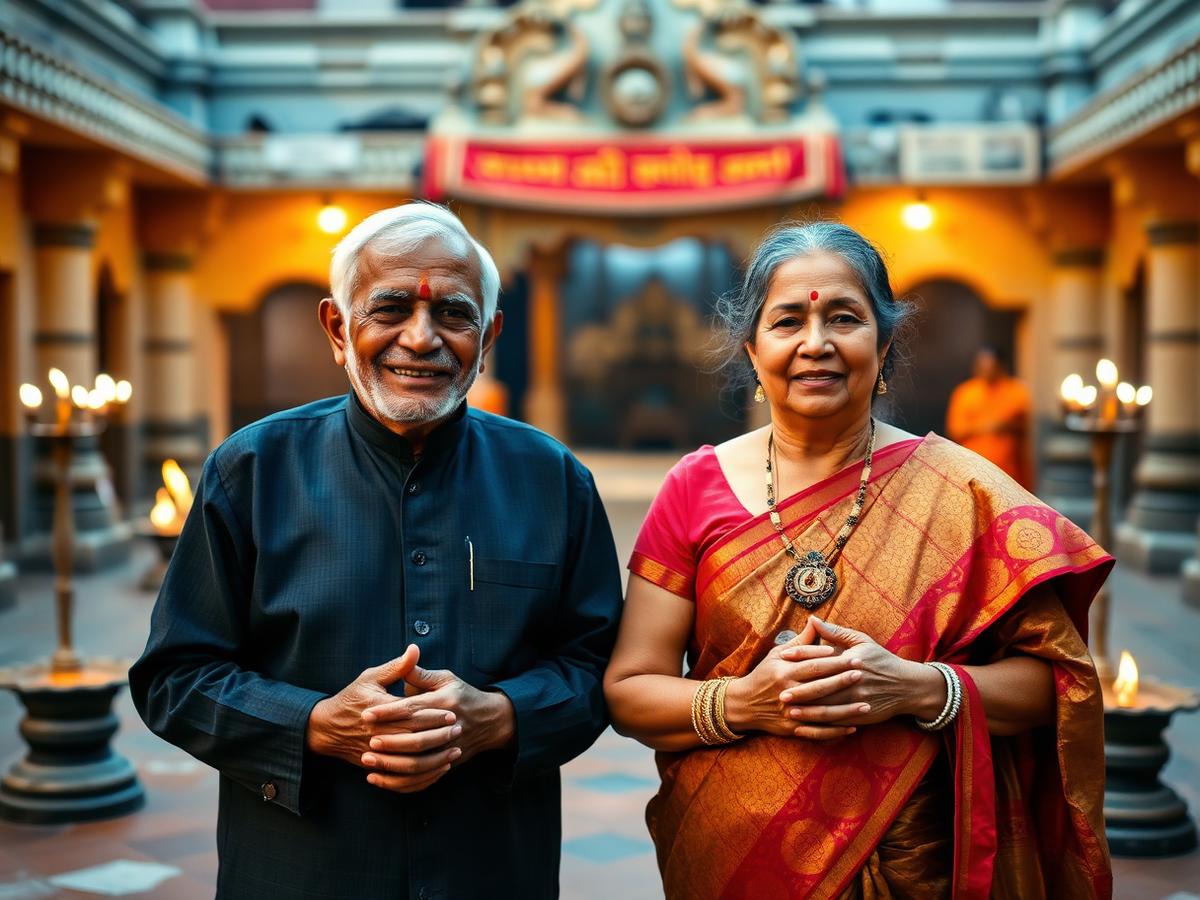 Senior devotees at a temple courtyard