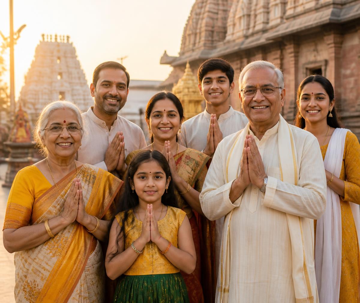 Indian family with senior citizens praying at a temple